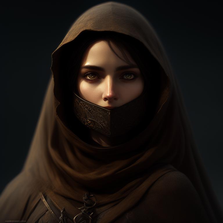 Elandil: Brown haired female thief with cloak face mask