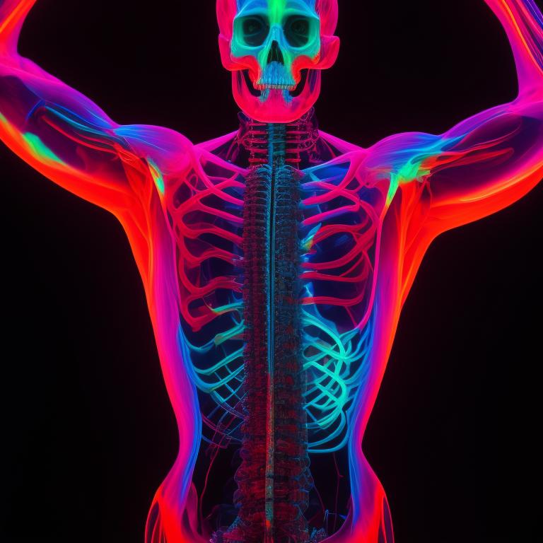 Neon skeleton , in the style of psychedelic neon, franciszek starowieyski, Human anatomy, Studio photography, Saturated, Psychedelic, ethan van sciver, light red and dark cyan, body art, Glowing, directional blur