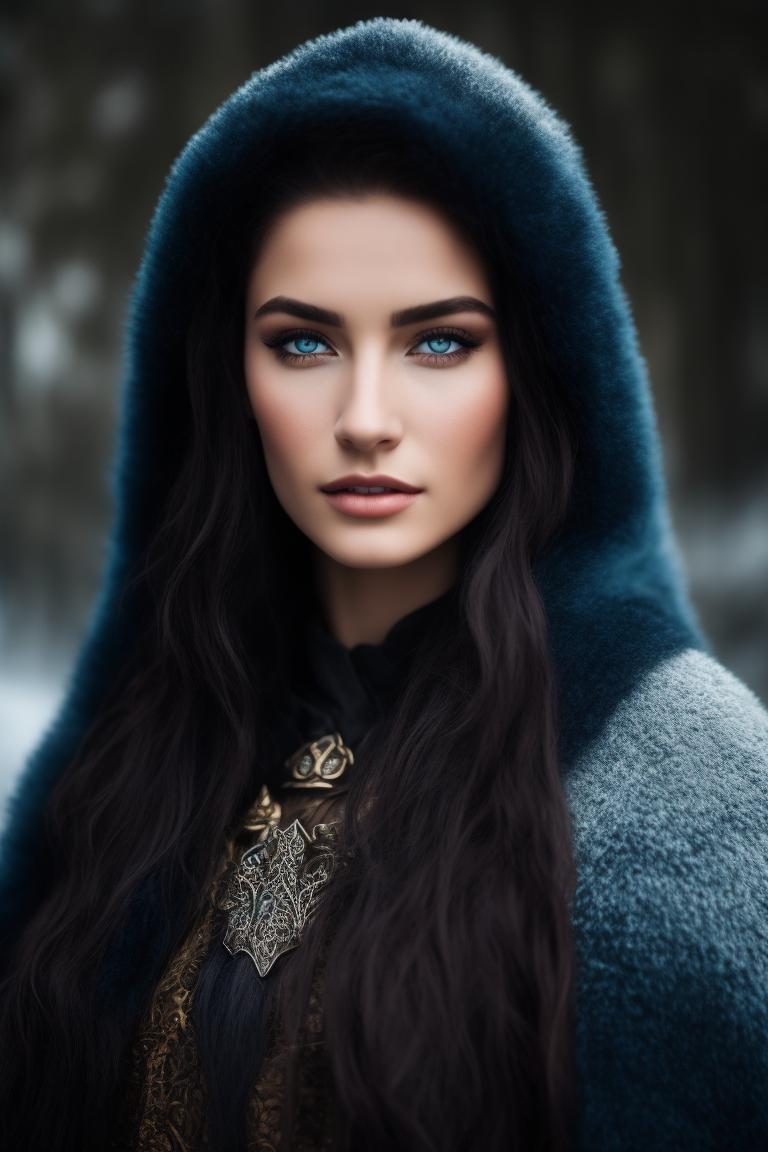 dull-cobra997: Beautiful and buxom female skald, tall, with a lean build,  tempered by the hard work of her childhood. Her hair is raven-black,  contrasting with her ice-blue eyes. She wears a bearskin