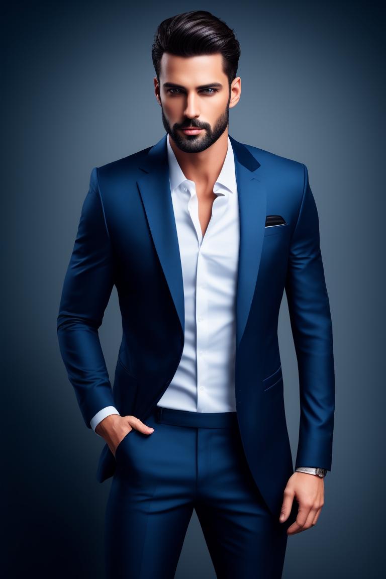 zealous-gaur551: a portrait of a nice good looking handsome man with blue  eyes with black suit who is looking straight forward