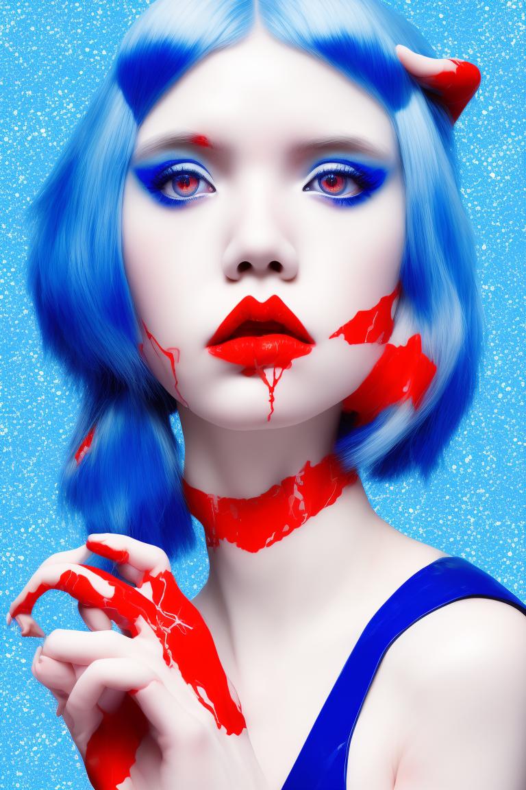 davidpinaffo: a white as a pale woman with, blue hair, pop art, fashion,  fashionista, red background, ring light