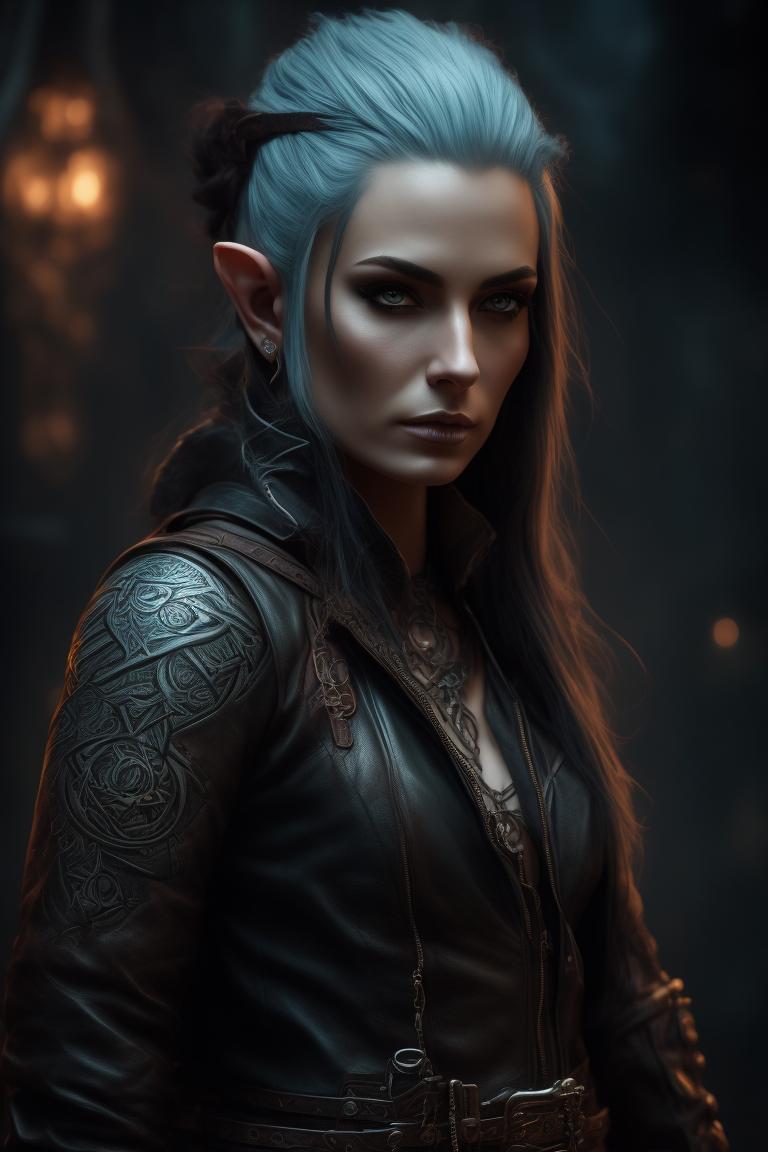gloomyweasel24 female wood elf, tattoos, leather jacket, hand drawn