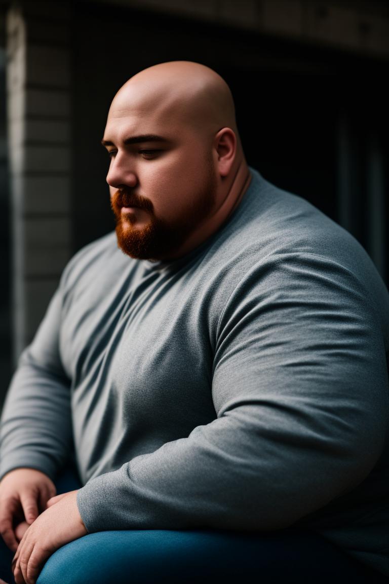 bossy-ram373: overweight Superman sitting on a bench in front of the garage  door, bald head, ginger eyebrows, tired expression, Super realistic looking