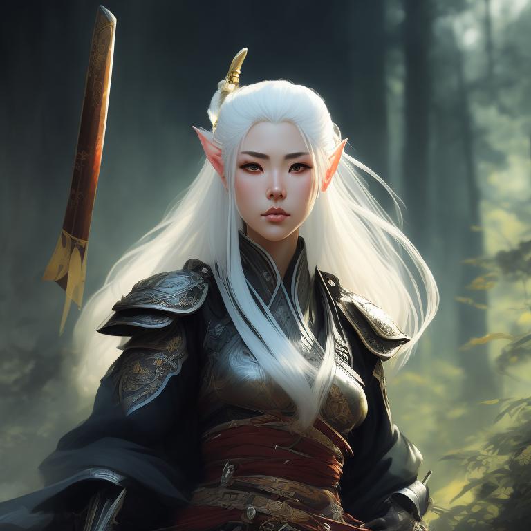 unusual-slug175: female elf samurai, white hair, katana in hand