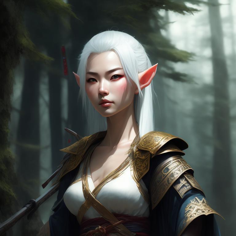 unusual-slug175: female elf samurai, white hair, katana in hand