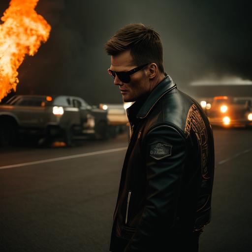 bogus-ant345: Tom Brady wearing a black leather jacket and sunglasses. He  is holding a shotgun on a Harley Davidson with a fire raging in the  background.