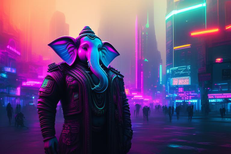 unkempt-ibex738: ganesha cyberpunk in downtown neon color