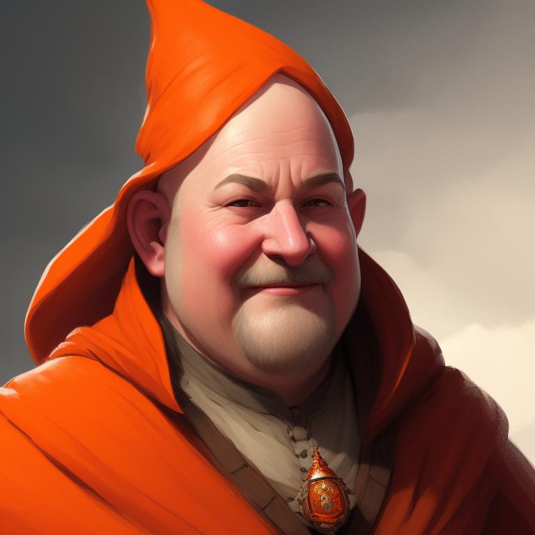 miquaight: gentle smile, young, bald wizard, big ears, round face, fat ...