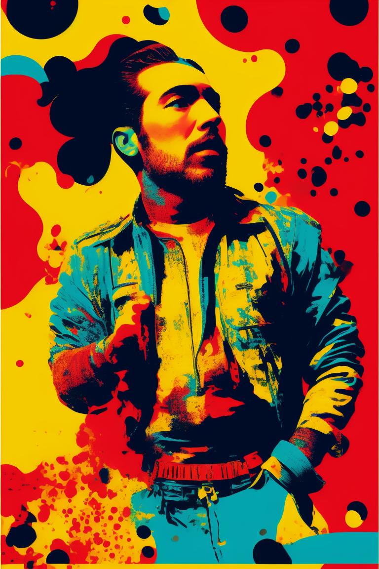 with a red polka dotted background, Ready-to-print vector t-shirt art Colorful graffiti illustration of Jewish soldier from the biblical period of King David, Jew from 1000s BC, Background era Jewish house wall, sunlight, 8k, 3d, 3/4, ultra Realistic, cinematic, epic, high contrast, artwork by world famous artist.
, Bright and pictured, in the style of pop art-inspired illustrations, 1970–present, yellow and blue, harsh graphic lines, iconic imagery, Poster art, pop art sensibilities