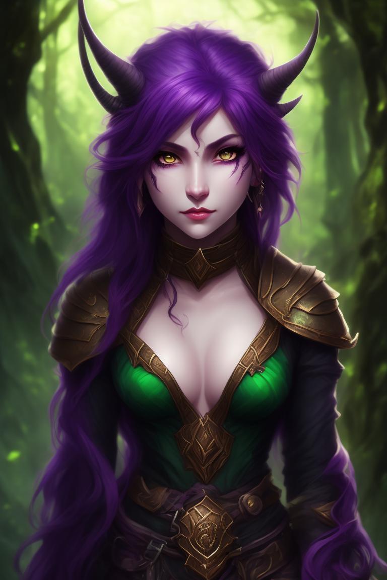 Tiefling druid female, she is young, not skinny, she has GREEN cat-like eyes, she has SHORT purple hair