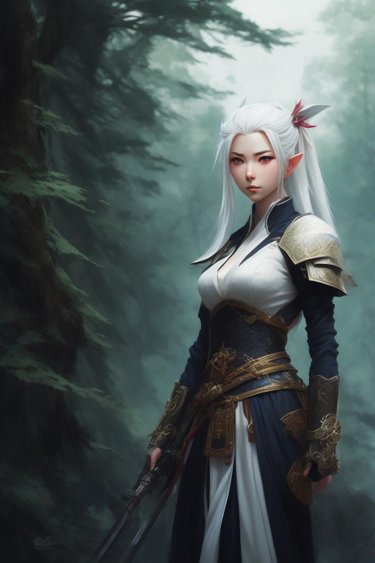 unusual-slug175: female elf samurai, white hair, iaido uniform, final ...