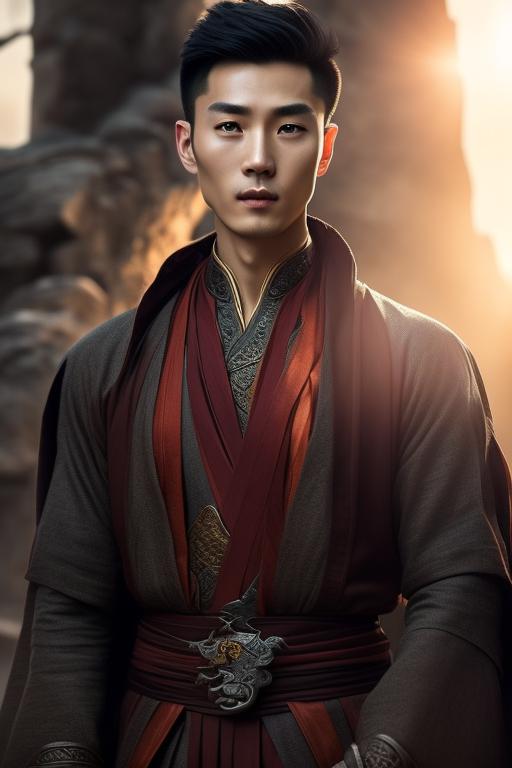 photography taken by canon eos r5, stunning fullbody d&d character art, Handsome Chinese man, monk, armor, wears very look good outfit, standing, Detailed face, beautiful eyes and hair, flawless bright skin, soft makeup and draw thin eyebrows, Human-like eyes, good anatomy, Perfect white balance, Sun lighting, rim lighting uhd, (art by norman rockwell), prime photography, smooth crisp line quality