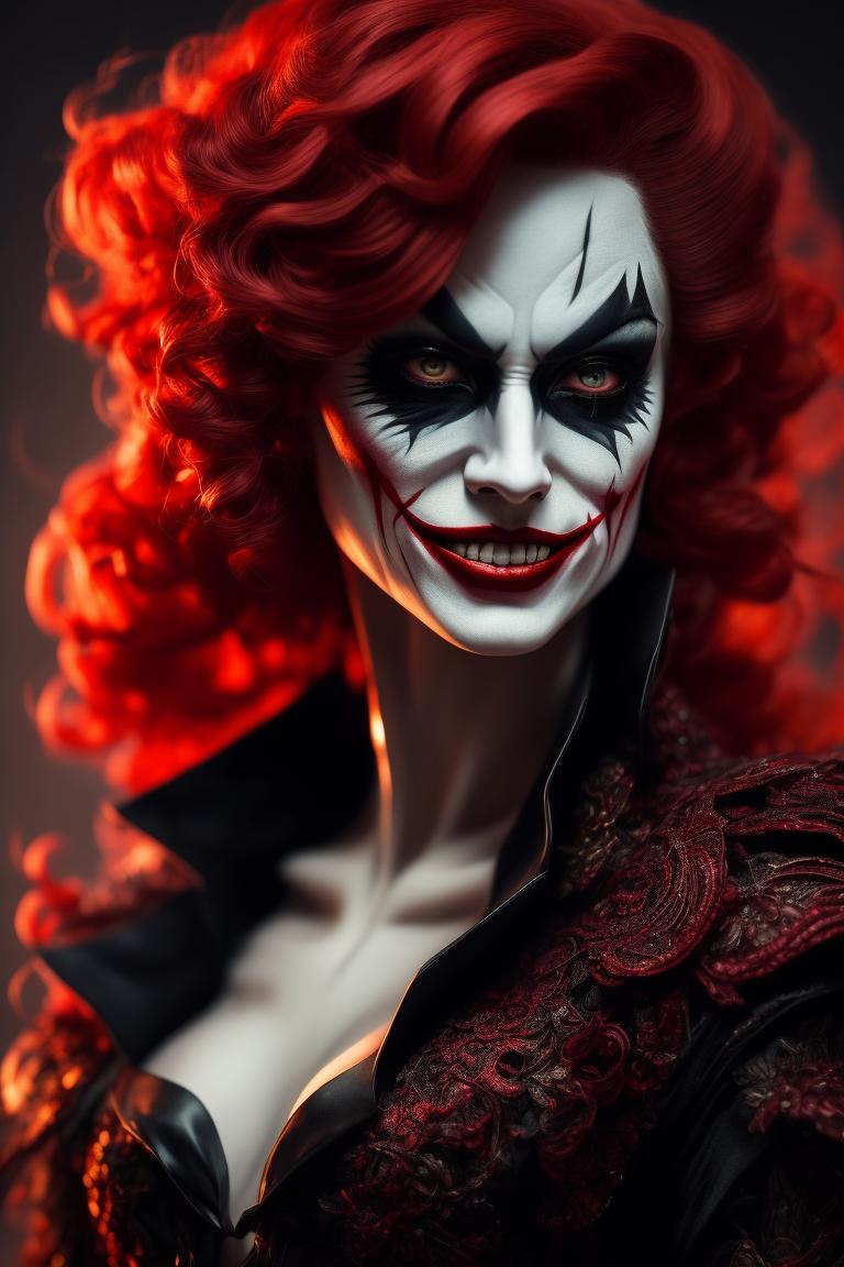 LADY IN RED JOKER, with dramatic lighting, detailed face paint, and intricate costume details, the image should have a menacing and mysterious atmosphere, with a sharp focus on the joker's wicked smile, created in the style of artwork by artists like artgerm, Greg Rutkowski, and alphonse mucha.