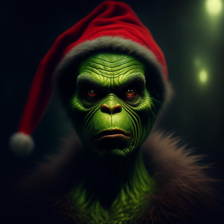 gifted-rail832: realistic horror grinch portrait with christmas hat