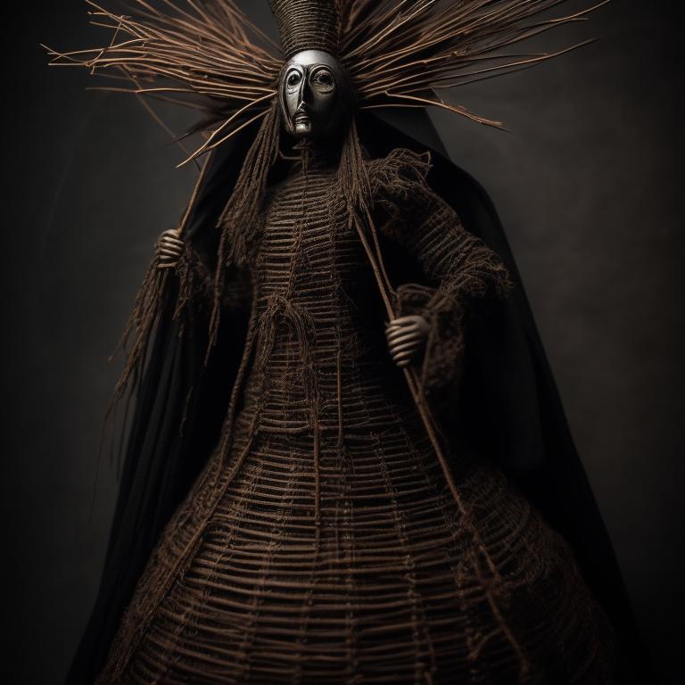 round-dunlin811: dark, wooden figure, Witch, made out of antique wicker ...