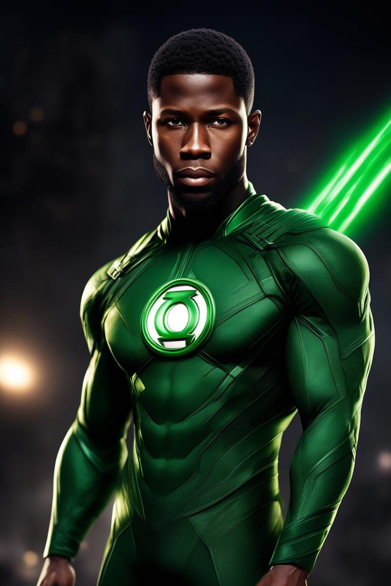 Green Lantern John Stewart. Use Trevante Rhodes as base. No mask., based on trevante rhodes, confident expression, Intense gaze, No mask, futuristic setting, vibrant green energy aura, Powerful, strong physique, Dramatic Lighting, Art by artgerm and greg rutkowski, Digital painting, Highly detailed, Dark background