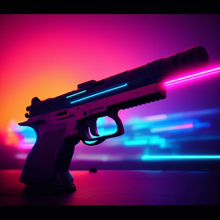 wetgoshawk486 a neon light gun with a vibrant retrowave sunset in the background