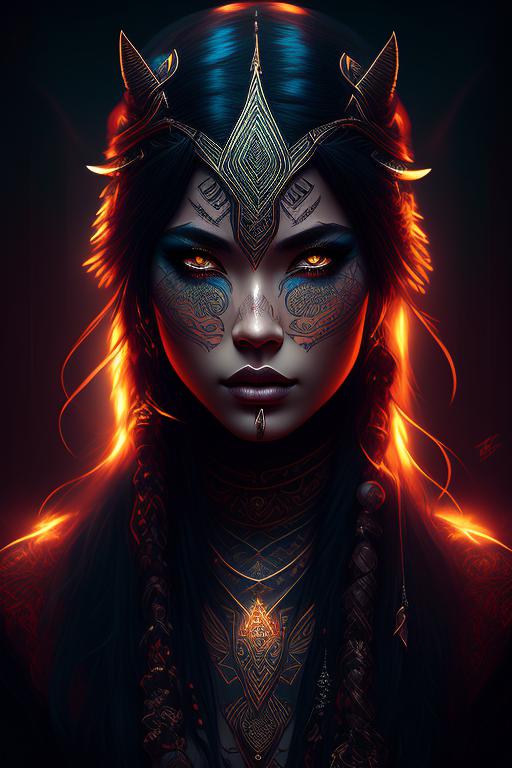 Headhunter, mystical aura, Glowing eyes, tribal tattoos, Intricate, Portrait, Highly detailed, Dark mood, Digital painting, Artstation, Trending on Instagram, by lois van baarle and artgerm and ross draws.