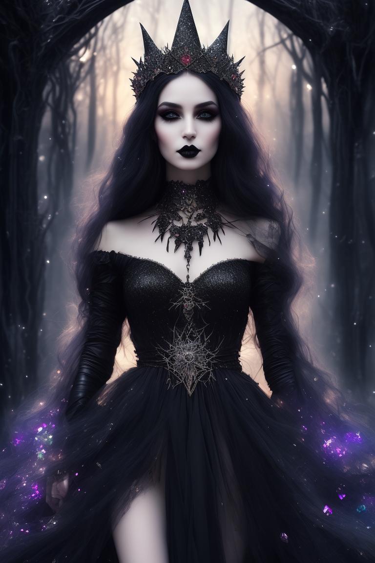 fickle-loris892: beautiful witch, gothic style, wear crystal crown,  beautiful eyes, black rainbow, beautiful dress, thigh slit, sharp facial  features, digital art, glitter, dreamy