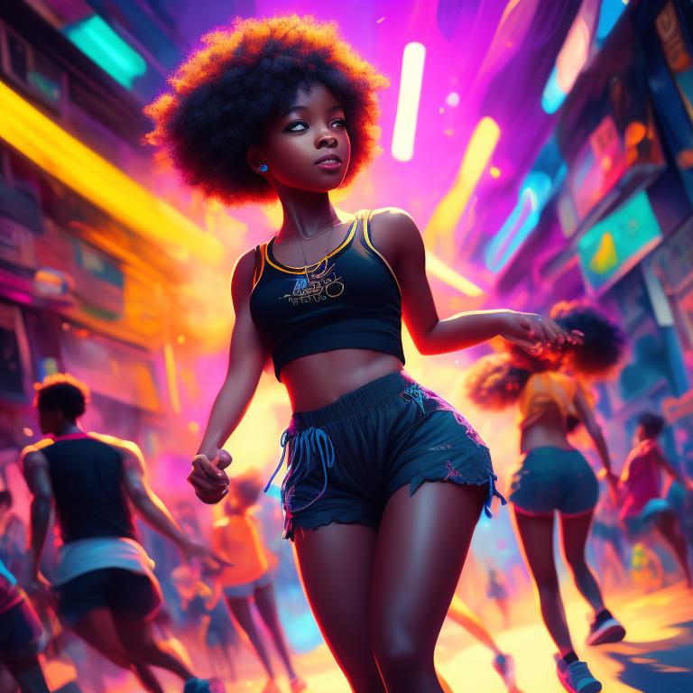 black girl dancing in a short pants and sneakers, wearing casual short pants and sneakers, the scene is bathed in colorful, Dynamic lighting, creating a lively atmosphere, the artwork is highly detailed, with intricate movements and a smooth, flowing style, this digital illustration is trending on artstation and showcases the talent of artists like loish, Ross Tran, and artgerm.
