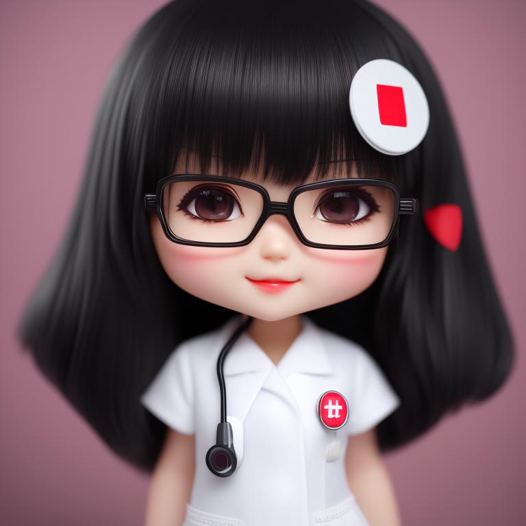 Moral Turtle525 Chibi Cheerful Nurse Girl Long Black Hair Wearing Lens Glasses 3d Hospital Scene