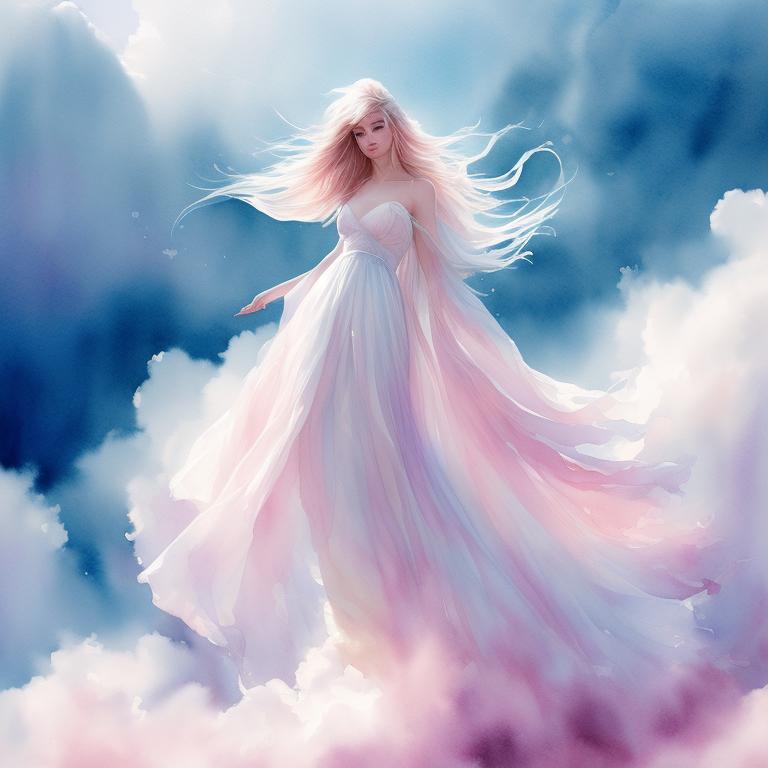 slim-rail186: female wind fairy (((full body standing in the clouds))),  gorgeous wings made of wind and light, wearing a sheer translucent white  gown, long blonde iridescent flowing hair, full pink lips, intense