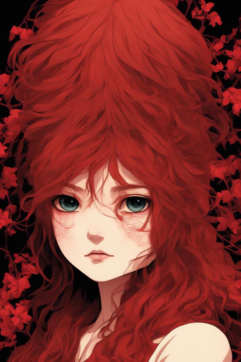 Minimalist Background, Portrait, Bright saturated colors, Somatou Style, In this enchanting portrait we are presented with an ethereal depiction of Little Red Hood the legendary character who has captured our imaginations for centuries delicately captured in the blossom of her youth Her porcelainlike skin with its enchanting pale complexion serves as the perfect canvas for the artist's brushstrokes while her lustrous flowing locks of dark hair gracefully woven into intricate braids cascade like a waterfall of obsidian enchantment In a bold and unexpected twist the iconic red hood has been replaced with a modern interpretation  a vibrant crimson sweater pulsating with contemporary flair The photograph taken from an elevated perspective bestows upon the scene an added layer of ethereality as if we were beholding this enchanting vision through the lens of destiny itself, Children's manga, Color outlined, Best quality, Grainy texture, European Features, Manga panel, Victorian-inspired illustrations, Seinen Manga, Digital art anime, Nanette Fluhr, Flat shading