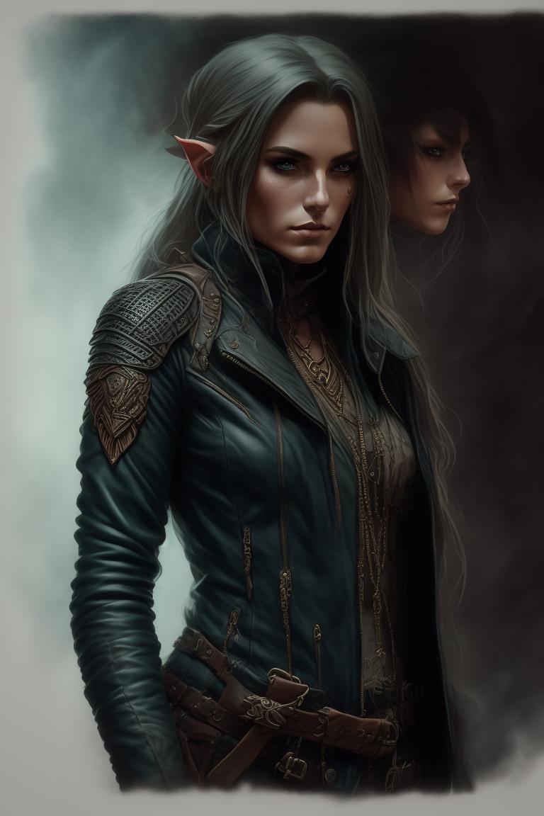 gloomyweasel24 female wood elf, tattoos, leather jacket, hand drawn