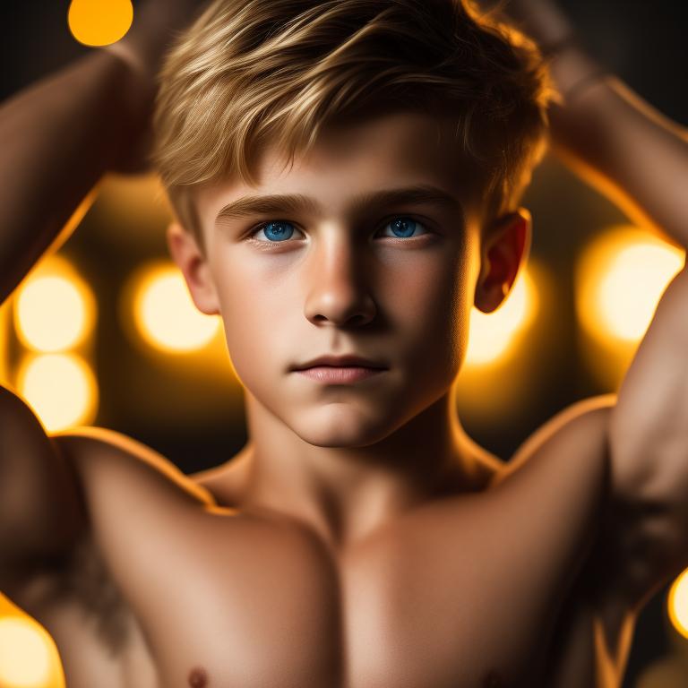 Portrait, 12 years old handsome blonde shirtless boy flexing his muscles, all body in frame, Beautiful hair, Makeup, Octane render, 8k, Beautiful lighting, golden ratio composition