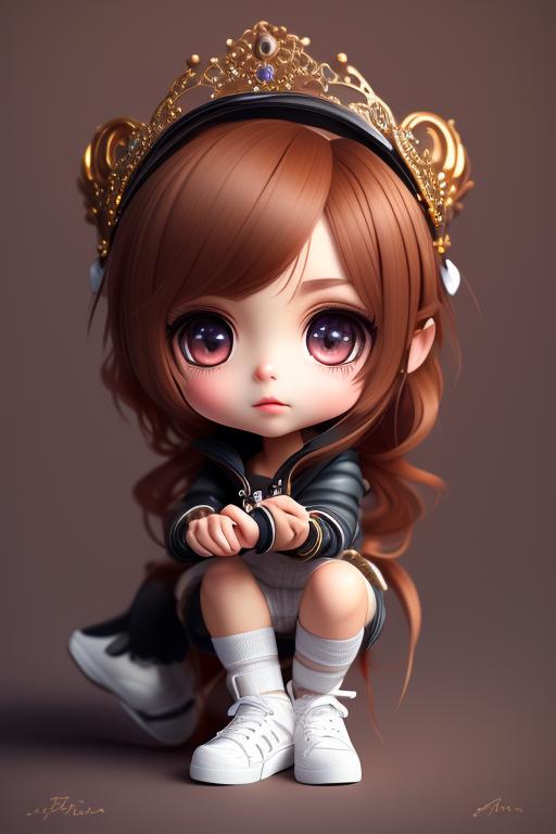 Sasseycat1964: Chibi Kawaii, Tiara, Brown Hair. Sitting Down, Wearing 