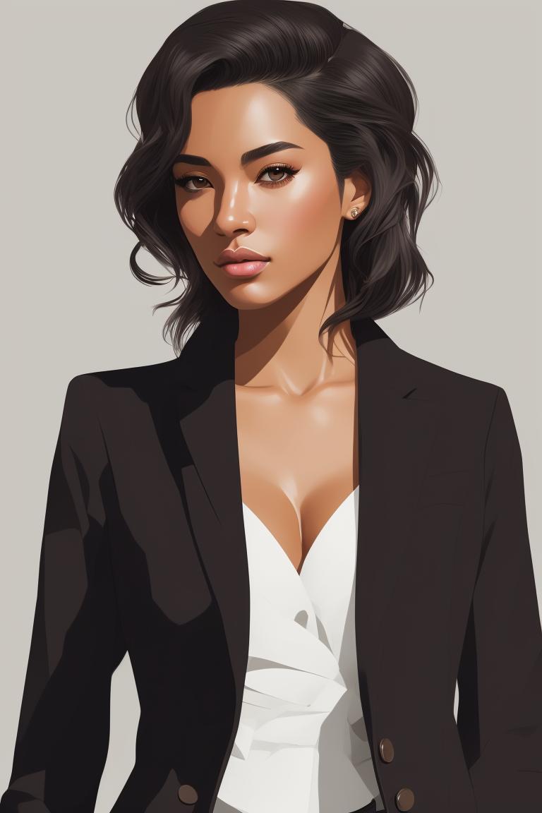 Character concept art, Grainy texture, European Features, Rudimentary Design, Woman wearing a blazer with nothing underneath, uncoated paper, Color outlined, Dark outlines, Matte tones, Pencil lines, Digital art anime, Cell shading, Flat illustration, Portrait, elegant lines and shading, Color Gradiant, Clean line art, American Realism, Sexy and Sultry