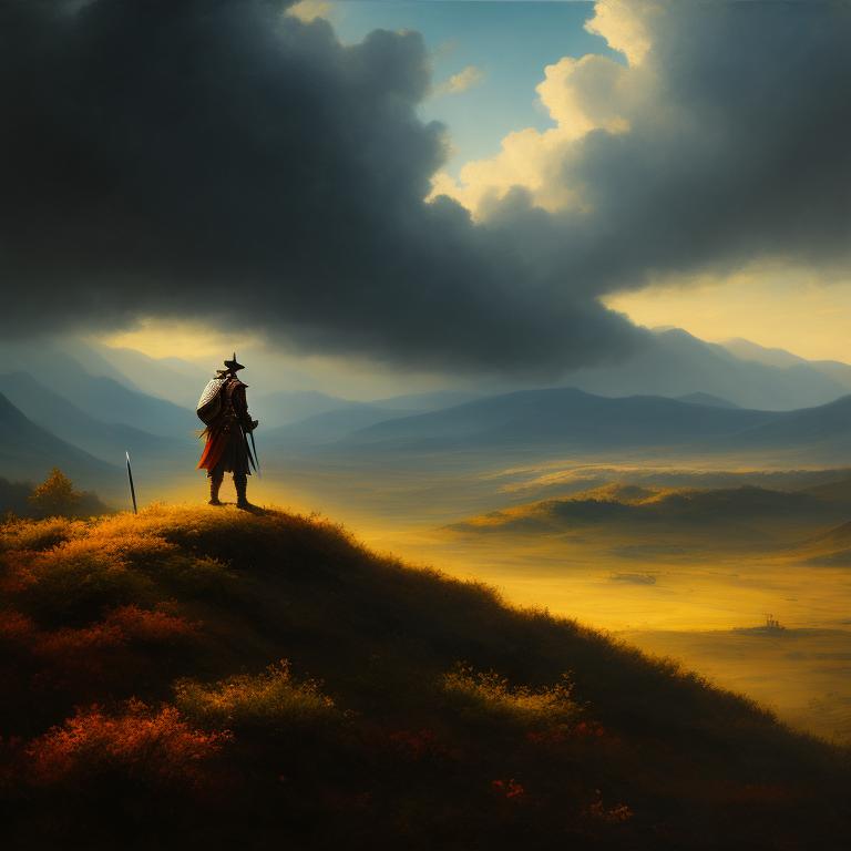 addison: A lone warrior standing atop a hill, overlooking a large  battlefield full of enemies.