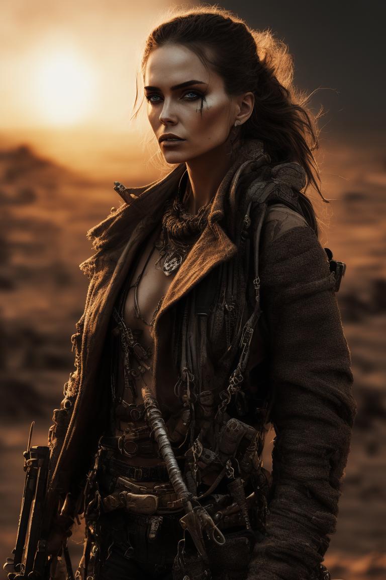 Mad Max: Fury Road Style Fashion, post-apocalyptic fashion models in the style of mad max: fury road, posing in a gritty desert environment with bright, harsh lighting, intricate clothing details, smoky atmosphere, and a futuristic edge, Highly detailed, Digital painting, Trending on Artstation, Concept art, Sharp focus, Art by artgerm, Greg Rutkowski, and claire hummel.
