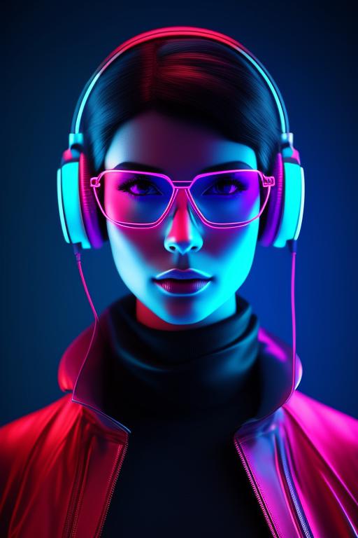 woman with nerdy neon aviator glasses, a 3D rendering, headphones on her head, warm blue colors, in a neon style with a futuristic feel, against a dark background, with sharp lines and bright colors, recalling the blade runner aesthetic