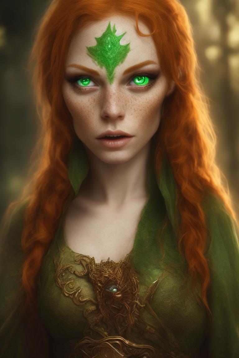 cool-meerkat445: beautiful female elf with green eyes and ginger hair,  freckles, dressed as a sorceress