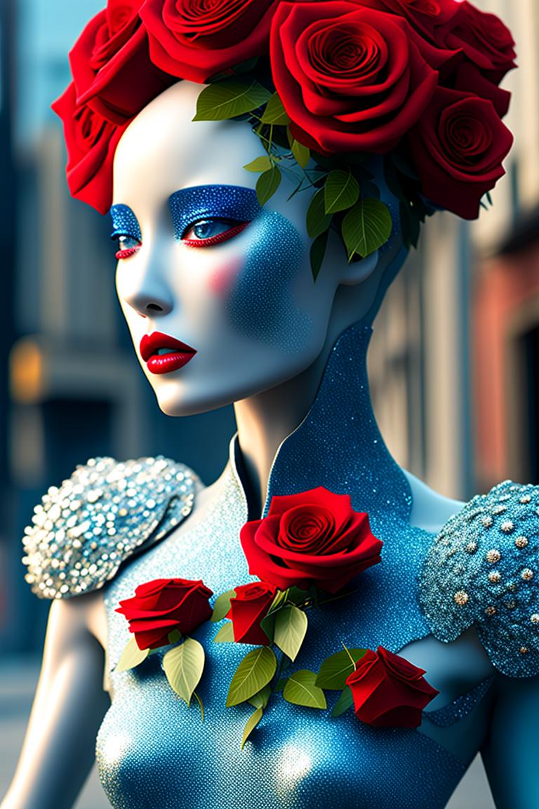 The mysterious UFO landed in the middle of the street, complex 3 d render, hyper detailed ultrasharp beautiful biomechanical mandelbrot fractal filigree wire mesh white female cyborg portrait with porcelain profile face, elegant armored crown with (blue red roses)++ leaves leaves stems roots, red lips, alexander mcqueen haute couture, art nouveau fashion, octane render, 8 k, Sunlight beams of light through the morning fog, Subsurface scattering (SSS), also known as subsurface light transportSubsurface scattering (SSS), also known as subsurface light transport, Rim light, dynamic lighting, etherial lighting, edge light, hair light, halo light backlight, contour light, side-kick light, Mousing sparkling shimmering daylight streaks through air, Mousing sparkling shimmering particles in air