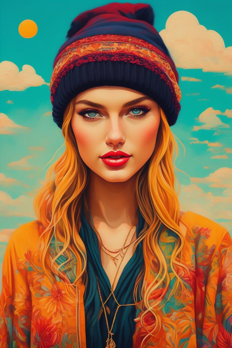 carefree, Dimitra Milan, Portrait by Damien Lechoszest, Taylor Swift wearing a beanie, Art by audrey kawasaki, bohemian, Street art, retro vibes, Natural color scheme, sun-drenched, artistic, Optimistic, Sustainable fashion, fashion illustration, Watercolor and oilpainting