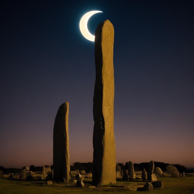 lazy-slug85: Crescent moon over a megalithic monument, feeling like a ...